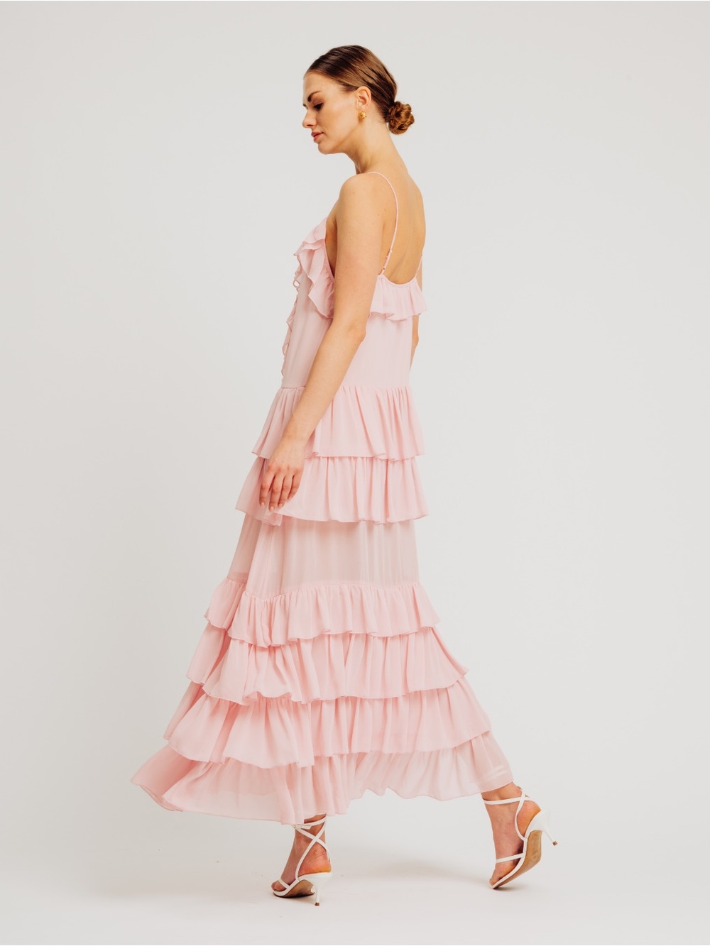Torn by Ronny Kobo Orcadia Dress Blush Pink Tiered Ruffle Dress